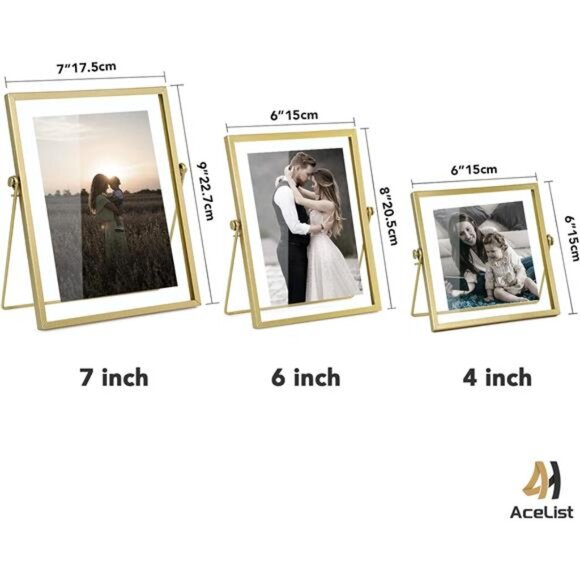 Set of 3 Glass Photo Frame Collection Simple Metal Geometric Picture - Picture 10 of 14